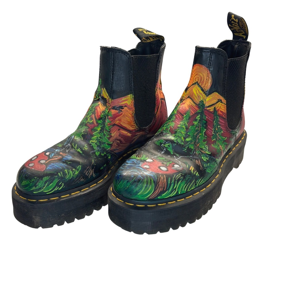 Dr. Martens Quad Chelsea Boots Women's US 8 Black Custom Painted Mushroom Forest
